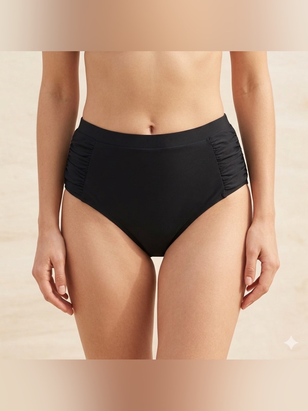 High Waisted Ruched Bikini Swimsuit Bottoms Solid Black Size Medium